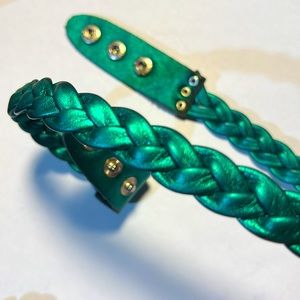 Metallic green braided leather headband. Genuine Leather.